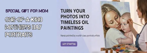 Custom Mother’s Day portrait service with an artist hand‑painting a mother holding her baby from a photo, showcasing one‑of‑a‑kind hand‑painted oil artwork.